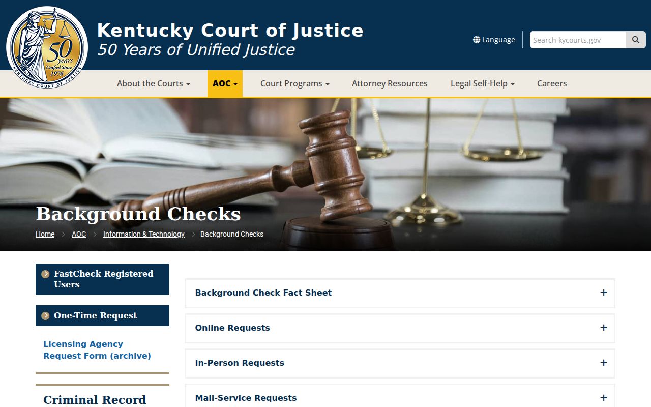 Wayne County criminal history options on the Kentucky AOC background checks page